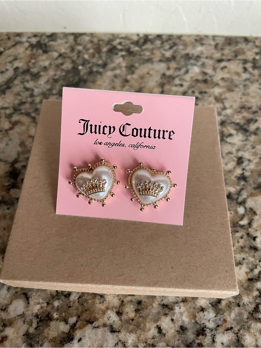 Juicy Couture Pearl Heart Crown Stud Earrings - Pink & Gold